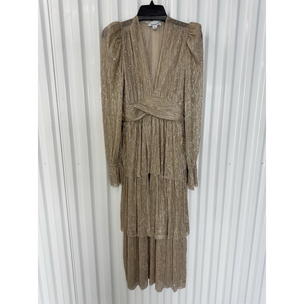 Sabina Musayev Women's Gold Semi-Sheer Midi Dress Size Medium